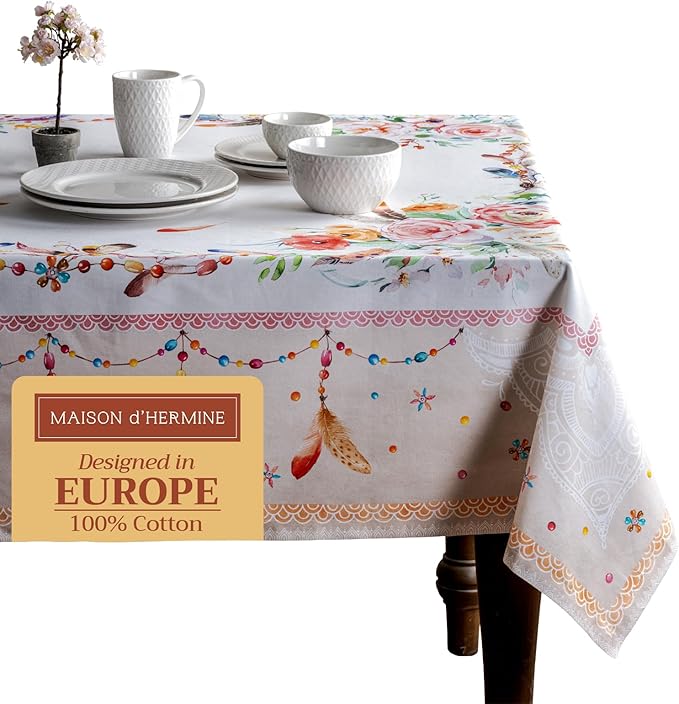 Maison d' Hermine Table Cloth Rectangle Table 100% Cotton 54 x 72 Inches Tablecloth Reusable Decorative for Dining Room, Farmhouse, Home, Party, Festive & Wedding Spring Summer - Ibiza - Beige
