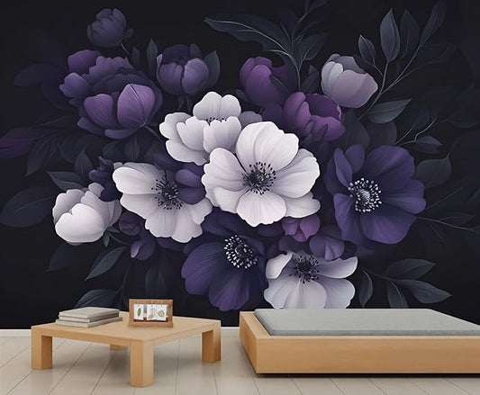 Dark Peony Floral Wall Mural, Purple and Black Flower 3D Wall Murals, Luxury Botanical Wallpaper Mural, for Living Room Bedroom Large Wallpaper Indoor Decor 118" W x 82.6 "H