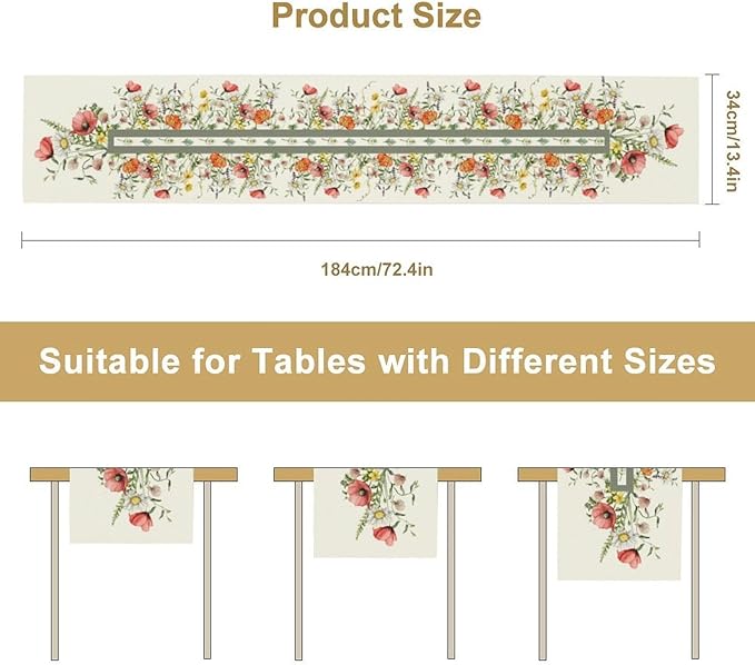 Watercolor Floral Table Runner, Red Wildflowers Botanical Nature Farmhouse Design Table Runner for Kitchen Dining Home Party, 13x90 Inch