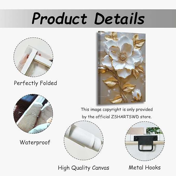 ZSHARTSWD Abstract White & Gold Floral Canvas Wall Art Elegant Flowers Pictures Prints White Flower Golden Leaves Painting Living Room Bathroom Decor Framed (Beige, 42L x 28W)