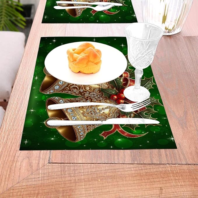 PVC Placemats Set of 1 Wipeable Table Mats Washable Heat Resistant Non Slip Vinyl Dining Table Mat for Kitchen Indoor Outdoor Patio Farmhouse Place Mats Green Christmas Bell Decorative