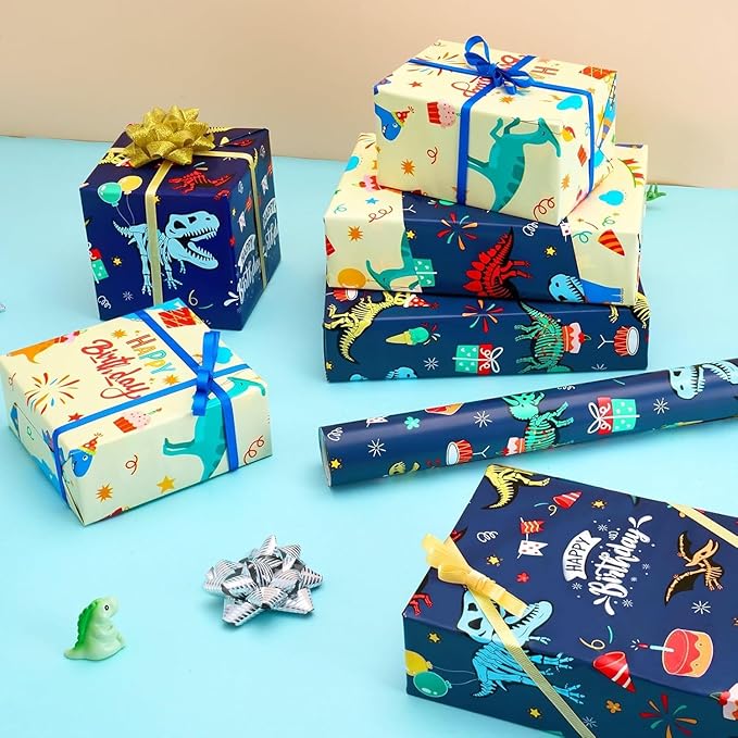 WERNNSAI Dinosaur Wrapping Paper Roll - 1 Roll 17”x 16.4ft Dinosaur Happy Birthday Gift Wrap Reversible Dino Gift Packing Roll for Kids Boys Birthday Baby Shower Decor Favor