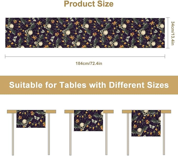 Gothic Table Runner,Vintage Moth Skull Bat Print Table Runner for Home Kitchen Table Dining Garden Farmhouse Wedding Party Decor 13x60 Inch
