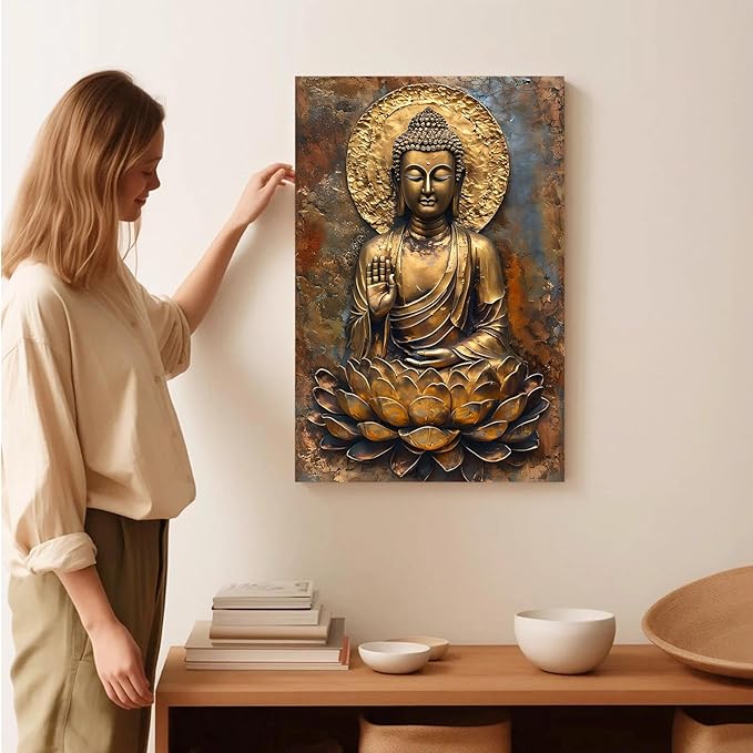 Buddha Wall Art Golden Buddha in Lotus Seat Serene spiritual statue radiant aura Meditation and mindfulness wall art suitable for sacred spaces 16x24in Wood Framed
