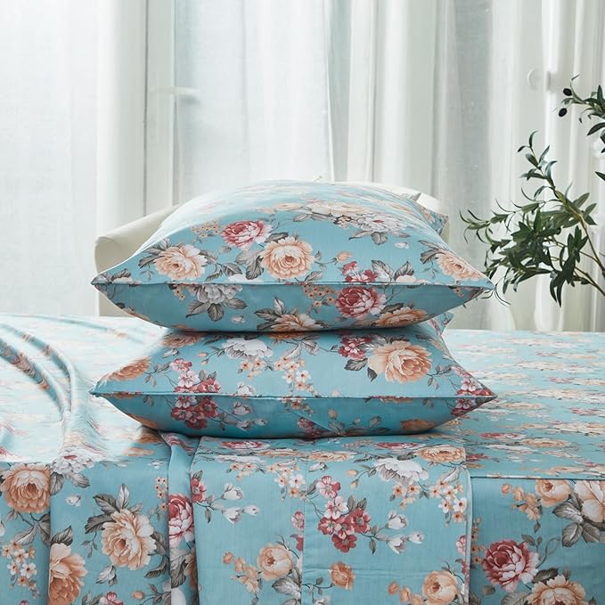 FADFAY Blue Vintage Floral Twin Size Sheets Set Premium 100% Cotton Shabby Rose Pattern Cottagecore Bedding Set Deep Pocket Sheets with 2 Pillowcases Luxury Breathable Soft 4Pcs, Twin Size