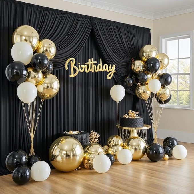 PartyVillage 30ft×15ft Black Backdrop Curtain for Halloween Parties, 6 Panels Wrinkle Free 15 FT Long Polyester Photo Backdrop Drapes Back Drop Cloth for Birthday Photography Background