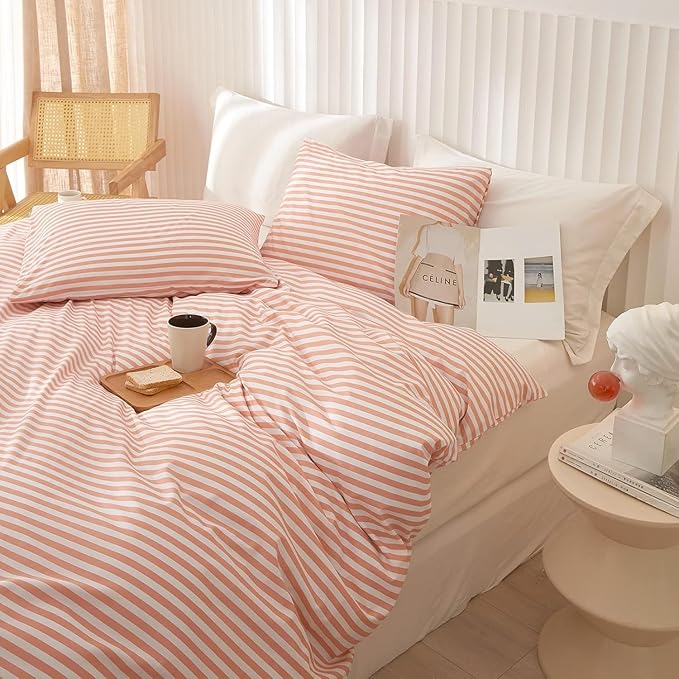 Full Comforter Set Pink White Stripes Pattern Comforter Full Modern Style Striped Comforter with 2 Pillowcases Lightweight 3 Pieces Boho Bedding Comforter Farmhouse Striped Fluffy Comforter Set