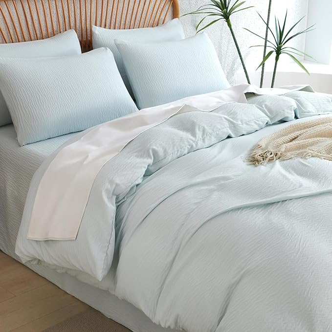 Duvet Cover Set Queen Glacier Blue, 3 Pieces Double-Layer Crinkle Gauze Soft Bedding for All-Season Lightweight Breathable with 2 Pillowcases