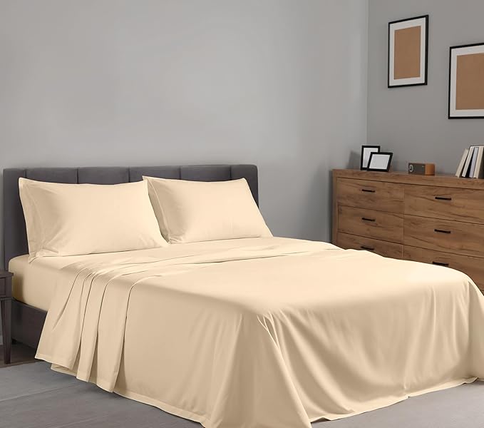 RUVANTI 100% Cotton Sheets Queen Size Set, 4 Pieces, Soft & Breathable Percale Weave Bedding, Deep Pocket 16", Hotel Standard, Crisp Cool Feeling, Durable, Perfect Dyed Bed Sheet, Beige
