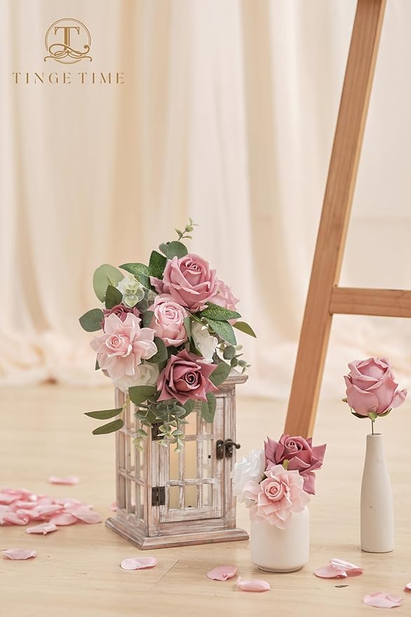 TINGE TIME Artificial Flowers, 25pcs Real Looking Gradient Purple Pink Rose Fake Roses w/Stem for DIY Wedding Bouquets Centerpieces Arrangements Party Baby Shower Home Decorations