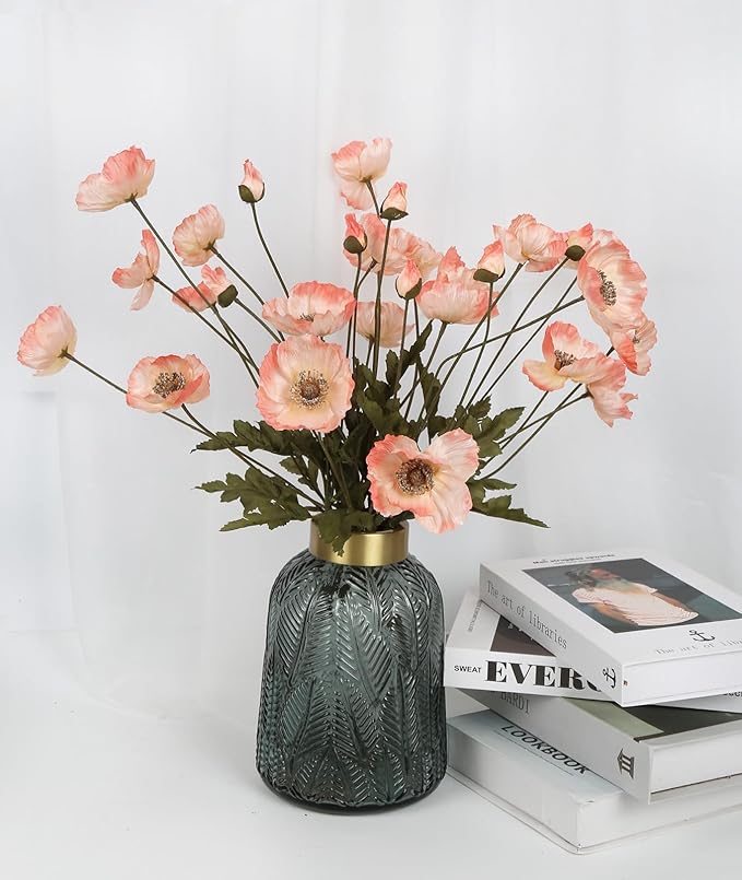 IPOPU Fake Poppies Coral Pink Silk Flowers 6pcs Artificial Poppies Realistic Faux Flowers for Wedding Centerpieces for Tables Bridal Shower Party Decorations (Coral Pink)