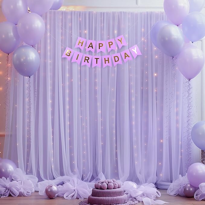 20x10ft Purple Tulle Backdrop Curtain with Lights String for Parites, Sheer Backdrop Curtains for Wedding Baby Shower Birthday Party Photo Shoot Decorations