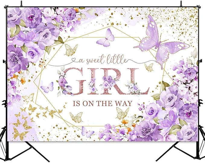 Sensfun Butterfly Baby Shower Backdrop A Sweet Little Girl is On The Way Photography Background Purple Butterfly Floral Princess Baby Shower Decorations Banner Party Supplies Photoshoot Props 7x5ft