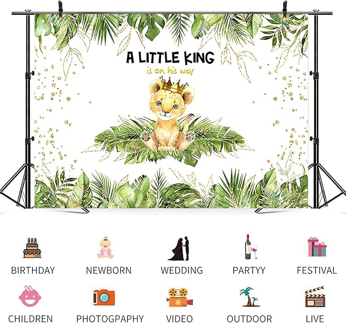 9x6ft Baby Shower Backdrop A Little King is On His Way Photography Background Lion Crown Jungle Forest Green Leaf Kid Birthday Party Banner Decorations Newborn Portrait Photo Booth Prop