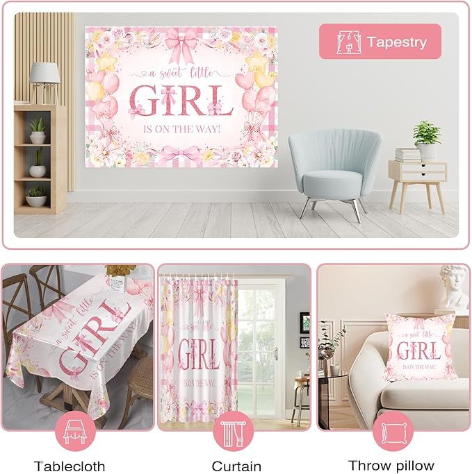 Mocsicka 7x5ft Girl Baby Shower Backdrop Pink Bow Floral Sweet Baby Girl is On The Way Decorations Banner Watercolor Balloon It's a Girl Banner Photo Booth Props (7x5ft (82x60 inch))