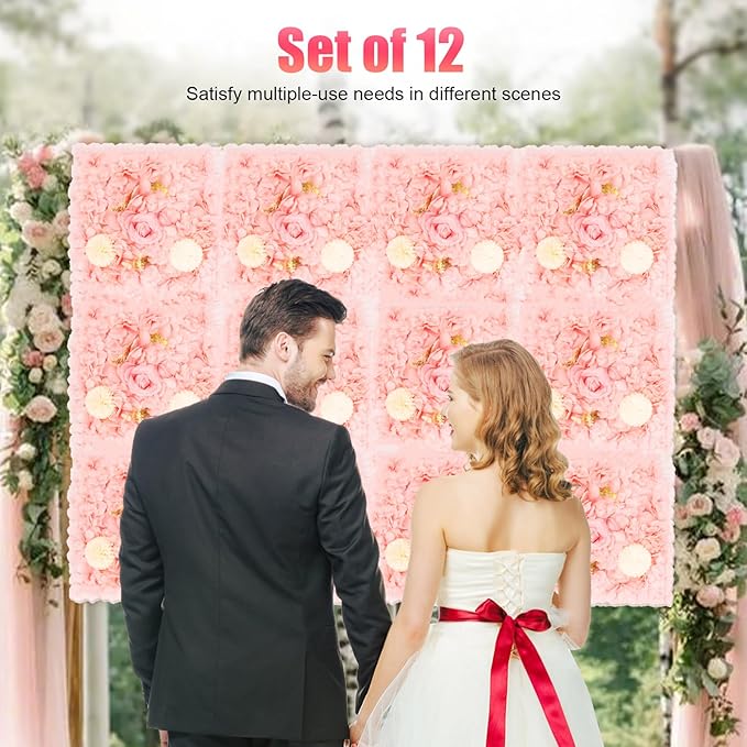 Flower Wall Panel Set, Artificial Wall Flower Backdrop,Artificial Flower Wall Mat Silk Rose Flower Panels,Hydrangea Rose Floral Panel for Party Wedding (12pcs Pink, Champagne)