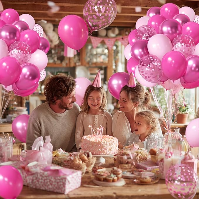 Pink Confetti Balloons Set, 50pcs 12 Inch Metallic Hot Pink Balloons, Light Pink Latex Party Balloon with Pink Ribbons for Girls Women Birthday Bridal Shower Wedding Princess Party Decorations