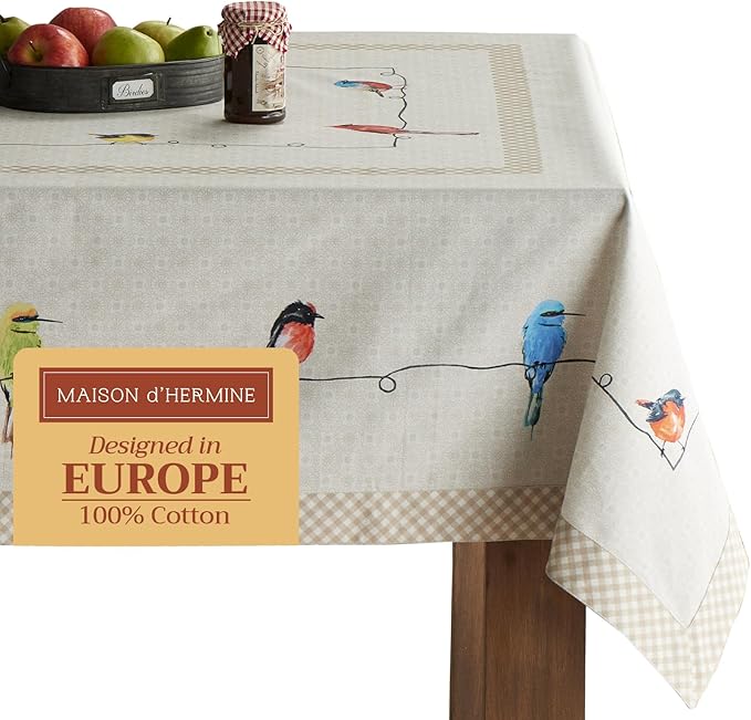 Maison d' Hermine Table Cloth Rectangle Table 100% Cotton 60 x 120 Inches Tablecloth Reusable Decorative for Dining Room, Farmhouse, Home, Party, Festive & Wedding Spring Summer - Birdies On Wire