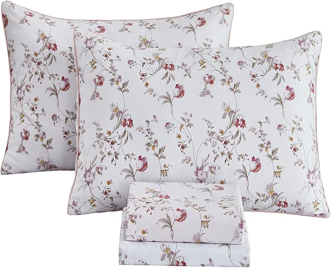 FADFAY Sheets Set Queen Rustic Pink Floral Botanical Bedding Set Luxury 100% Egyptian Cotton Bed Sheet Set Soft Breathable for All Season Bedoom Decor with 17.7 Deep Pocket Fitted Sheet, Queen Size