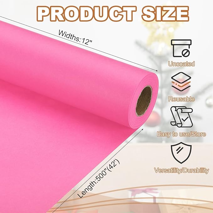 PATIKIL Wrapping Paper, 12" x 500"(42') 70 GSM Craft Paper Roll Kraft Packing Paper for Poster Bulletin Board, Gift Wrapping, Pink