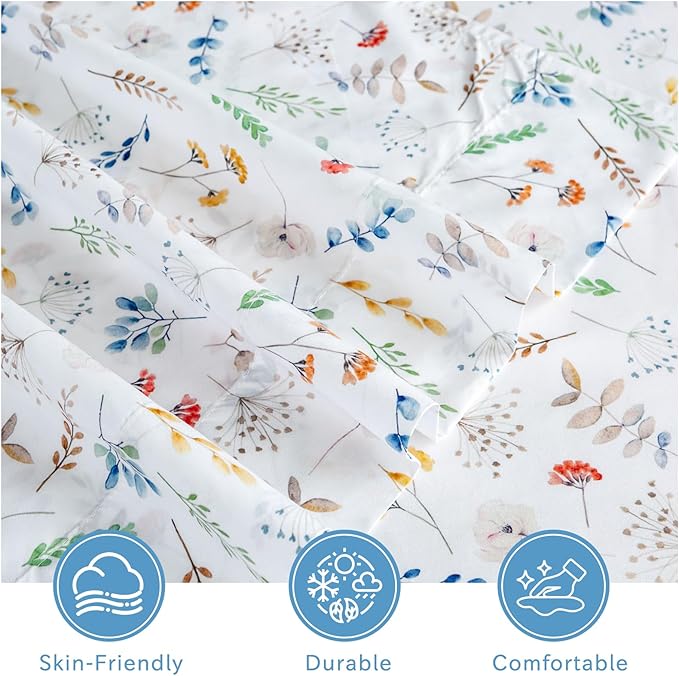 Bedlifes King Size Extra Deep Pocket Sheet Sets - Fits Mattresses Up to 18-24" Thick, 4-Piece Microfiber Set with 1800 Thread Count, Soft, Smooth, Breathable, Featuring White Floral