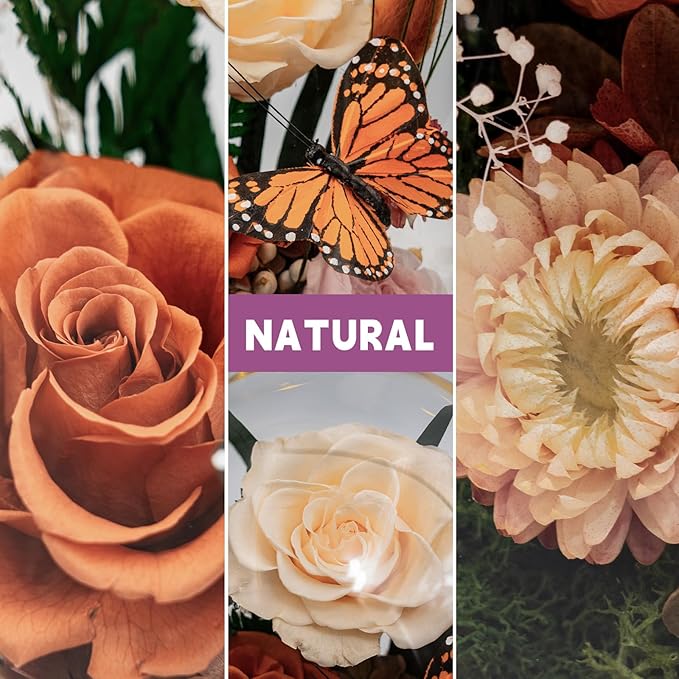 Eternal Flower with Butterfly: Big Flowers Big Love-Elegant Flower in Glass Dome-Thanksgiving, Christmas, Mom Gifts for Her-Flowers for Delivery Prime-Floral Arrangements (Orange)