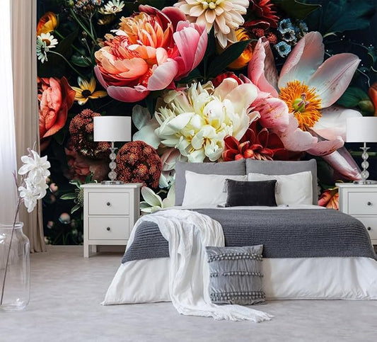 Dark Floral Wallpaper Peel and Stick Large Peony Flower Self Adhesive Wall Mural for Bedroom 137"x100"