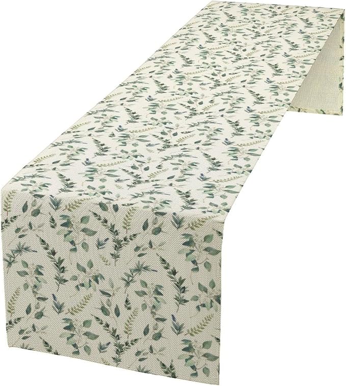 Watercolor Leaf Table Runner, Green Botanical Leaves Nature Decor Table Runner for Kitchen Dining Party Picnic Decoration, 13x120 Inch