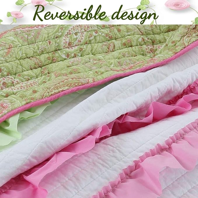 Cozy Line Home Fashions Pink Green Chic Ruffles Girl 100% Cotton Reversible Quilt Bedding Set, Coverlet, Bedspreads (Twin - 2 Piece: 1 Quilt + 1 Sham)