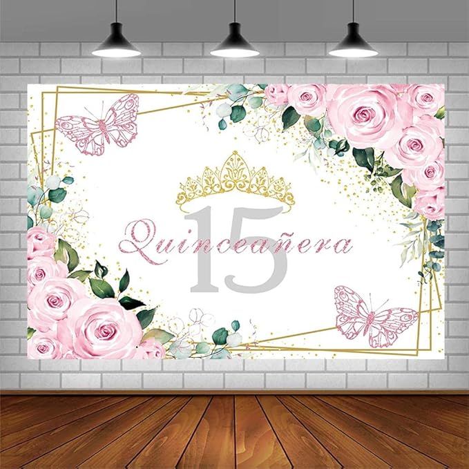 Sendy 7x5ft Quinceañera Backdrop Mis Quince 15 Anos Birthday Party Decorations Supplies for Girl Princess Pink Floral Butterfly Gold Crown Photography Background Banner Photo Booth Studio Props