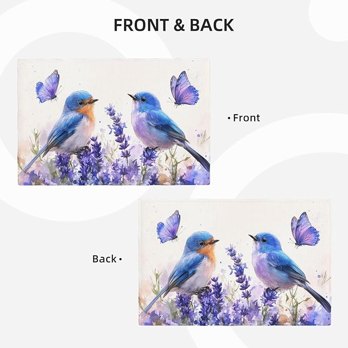 Lavender Birds Placemats Set of 4 Washable Table Mats Spring Floral Flower Heat-Resistant Cotton Linen Place Mats for Dining Table Kitchen Indoor Outdoor Party Holiday Decor
