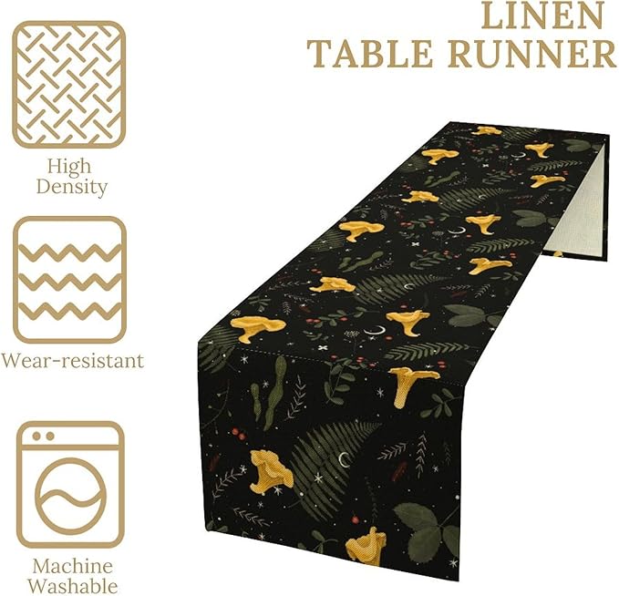 Magical Forest Table Runner, Rustic Country Wild Yellow Mushrooms Plants Botanical Herbs Print Table Runner for Holiday Farmhouse Kitchen Dining Table Decor, 13x60inch