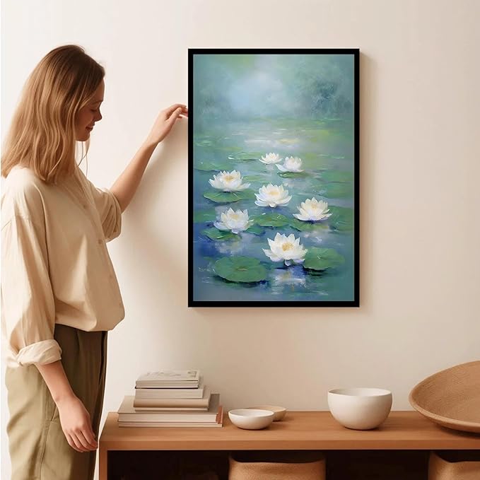 Zen wall art Delicate white lotus flower floating on calm water Vintage oil painting print Serene aquatic wall art creates a tranquil home decor 24x36in Metal blackFramed
