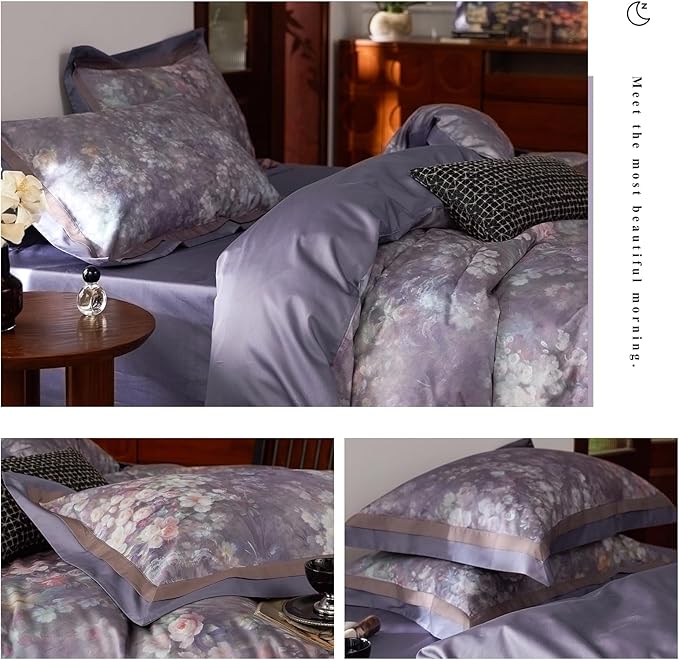 VM VOUGEMARKET Garden Flower Bedding Set King Smooth Long Staple Cotton Duvet Cover with Purple Floral Pattern Vintage Cottage Botanical Comforter Cover for Spring Summer