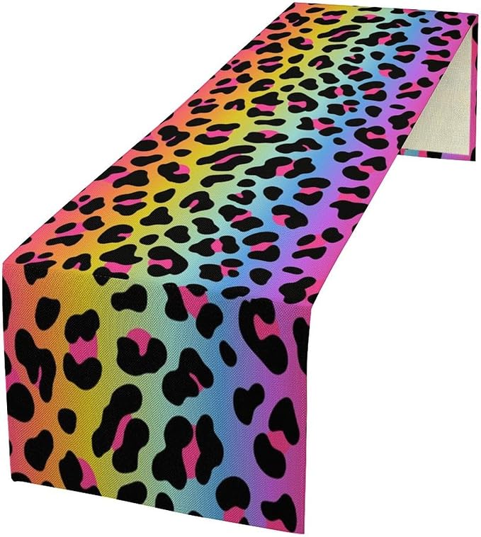 Rainbow Leopard Skin Print Table Runner, Wildlife Colorful Neon Cheetah Dots Dinner Runner Table Decoration for Farmhouse Home Kitchen Dining Table Party Holiday Decor 13x60in