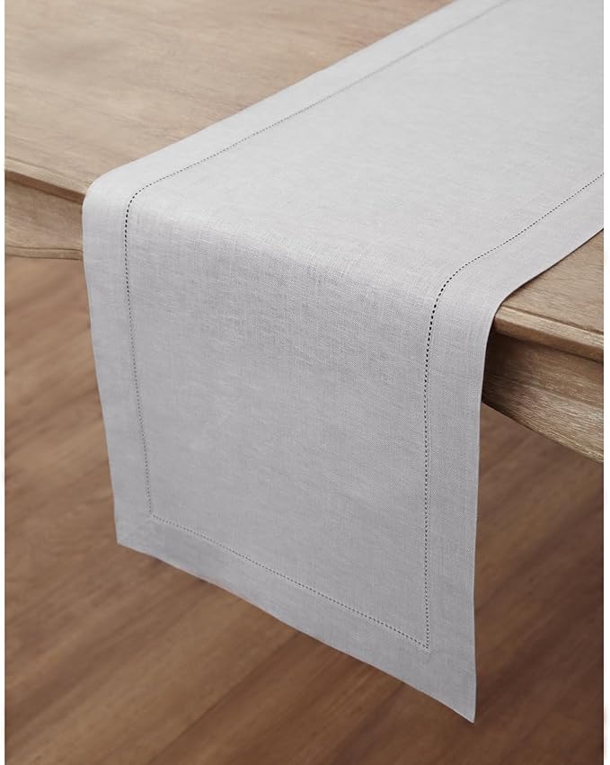 Solino Home Linen Soft Grey Table Runner 60 Inches - Classic Hemstitch, 100% Pure Linen Coffee Table Runner 14 x 60 Inch Ideal for Dresser Tables - Spring, Easter