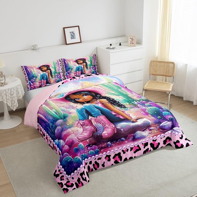 Western Cowgirl Comforter Set Queen Size,Reversible Cute Girl Cactus American Style Bedding Set for Women Adult,African Pink Leopard Print Plaid Black Luxury Bed Duvet Insert, 2 Pillowcases