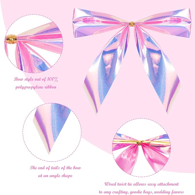 WRAPAHOLIC 24 Pcs Small Holographic Pink Christmas Bows - Iridescent Pink Twist Tie Bows for Christmas Tree, Wreath, Gift Wrapping, Wedding, Crafts, Home Decor - 3.5 x 3.5 inch