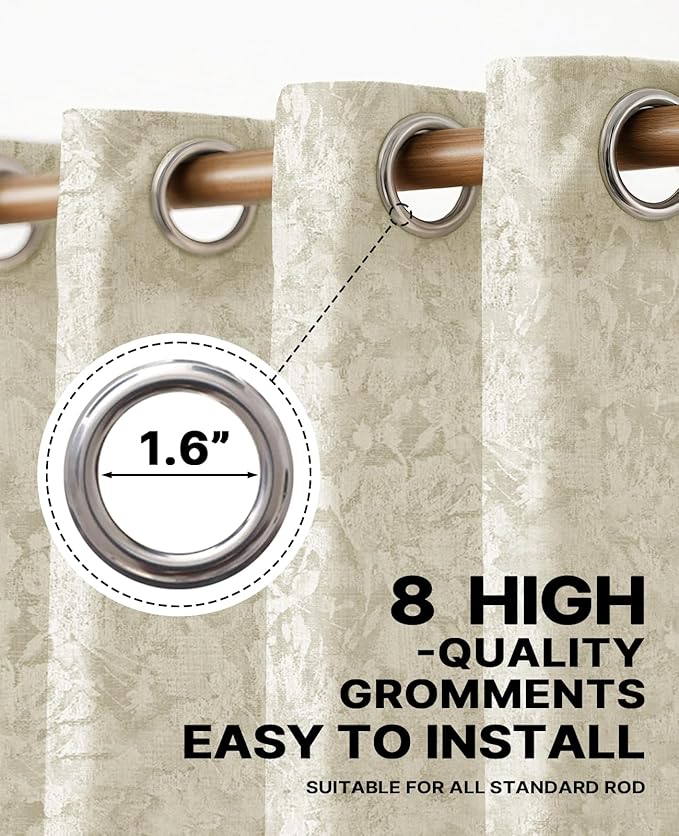 Chenille Floral Blackout Curtains 108 Inch Length 2 Panels Set - Bedroom Living Room Darkening Thermal Insulated Black Out Window Treatments Grommet Jacquard Drapes 52 Inch Wide Beige