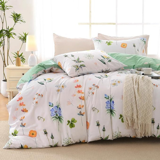 Duvet Cover King Size, Reversible Floral Multicolor Duvet Cover Set with Zipper Closure, 3 Pieces Botanical Patterns Soft Microfiber Bedding Set with 4 Ties (90"x104", 2 Pillow Cases)