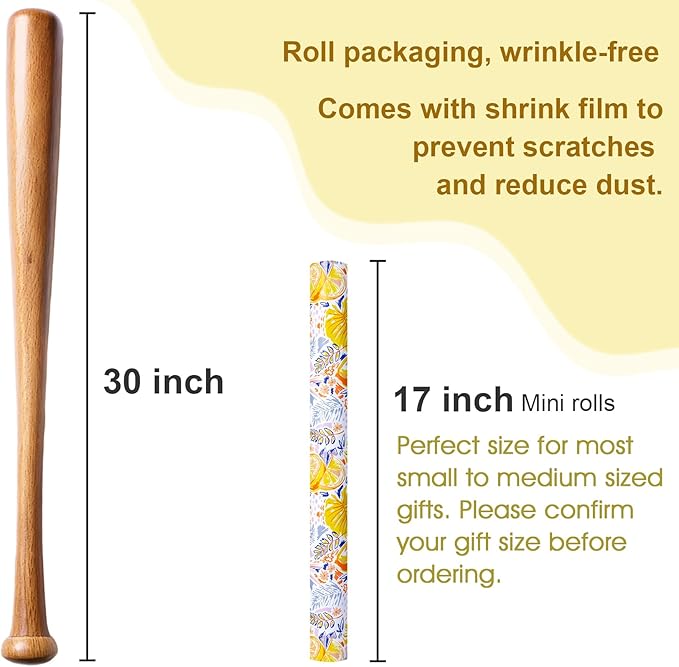 Afucus Gift Wraping Paper, Tropical Fruit Lemon Monstera Leaves, Cute Mini Wrapping Paper Rolls for Birthday Parties, Graduation, Baby Showers, Holidays (17 Inch X 33 Feet)