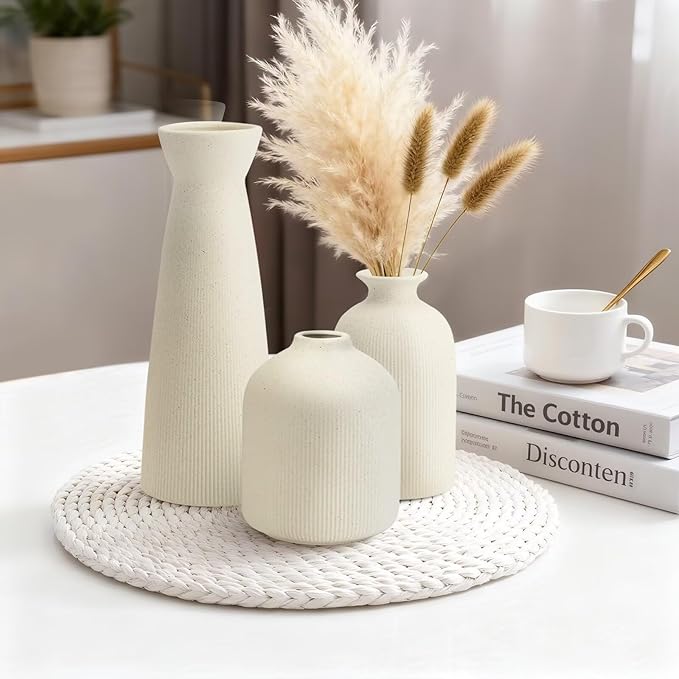 Christmas Ceramic Flower Vases Set of 3, Large Xmas Gift Vases with Vertical Stripe Texture, Modern Decorative Vases for Dried Flowers, Home Decor for Living Room Bedroom Kitchen Shelf(Beige)