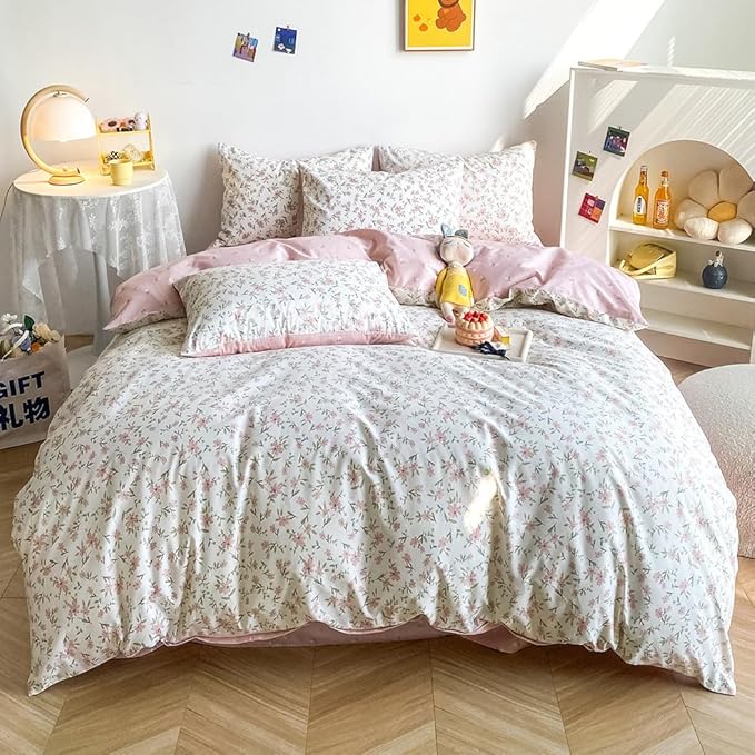HighBuy Soft Cotton White Duvet Cover King Size Pink Floral Coquette Bedding Set King Chic Vintage Flower Comforter Cover Quilt Cover with 2 Pillowcases,Boho,King