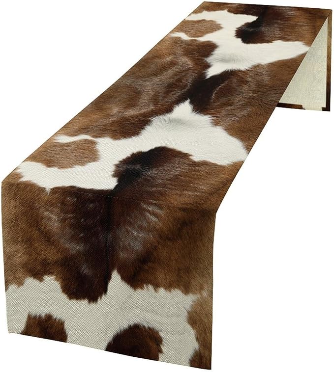 Cow Skin Print Table Runner Farmhouse Western White Brown Cowhide Rustic Cottage Country Seasonal Spring Fall Kitchen Dining Table Decoration for Home Party Dinner 13x108cm
