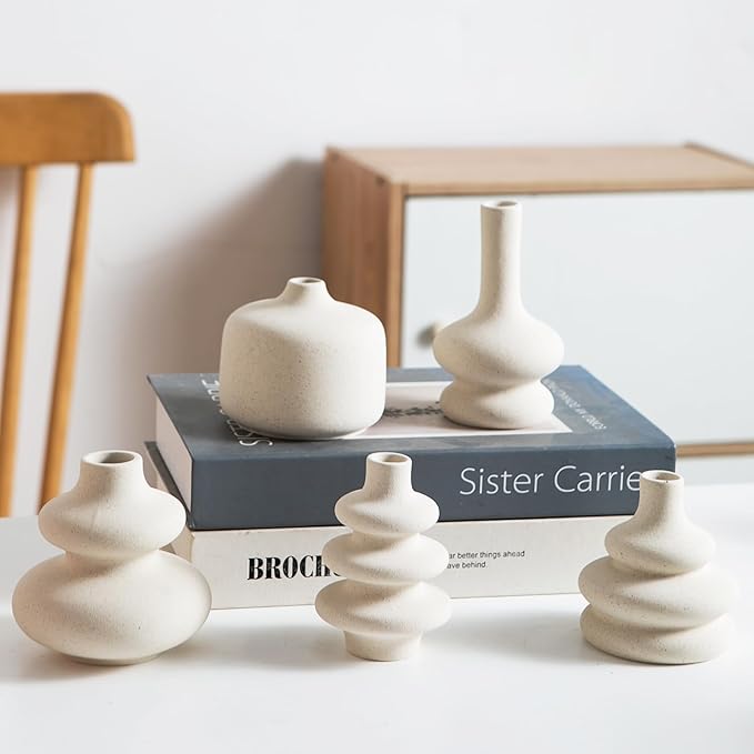 Small White Ceramic Vases Set of 5, Mini Decorative Boho Vases for Flower, Wedding & Home Decor