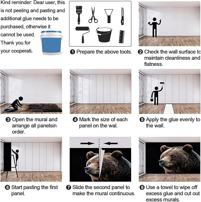 Brown Bear Wall Mural, Bear 3D Wall Murals, Wild Animal Wallpaper Mural, for Living Room Bedroom Large Wallpaper Indoor Decor 98.4" W x68.9 H