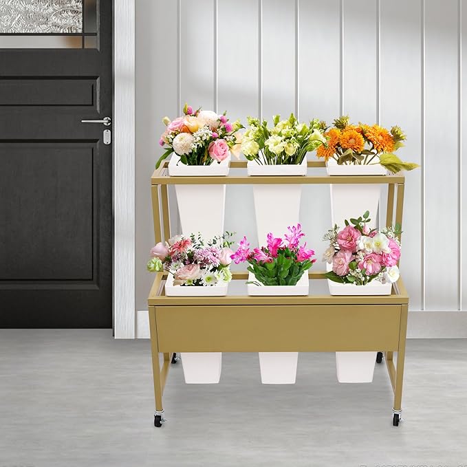 2-Layers Flower Display Stand Metal Flower Display Stand With 6 Pcs Buckets Rolling Plant Stand Flower Cart Moving Florist Bouquet Shelf for Fresh Flower Shop Balcony,Load Capacity 33.07lbs (Gold)