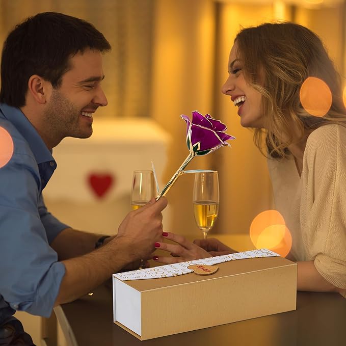 Mikasol Gold Dipped 24K Forever Preserved Rose, 1 Pack Infinity Flower Decor Hand Dipped Romantic Gift for Women in Her Wife Girlfriend Birthday Anniversary Valentines Mothers Day Christmas(Purple)
