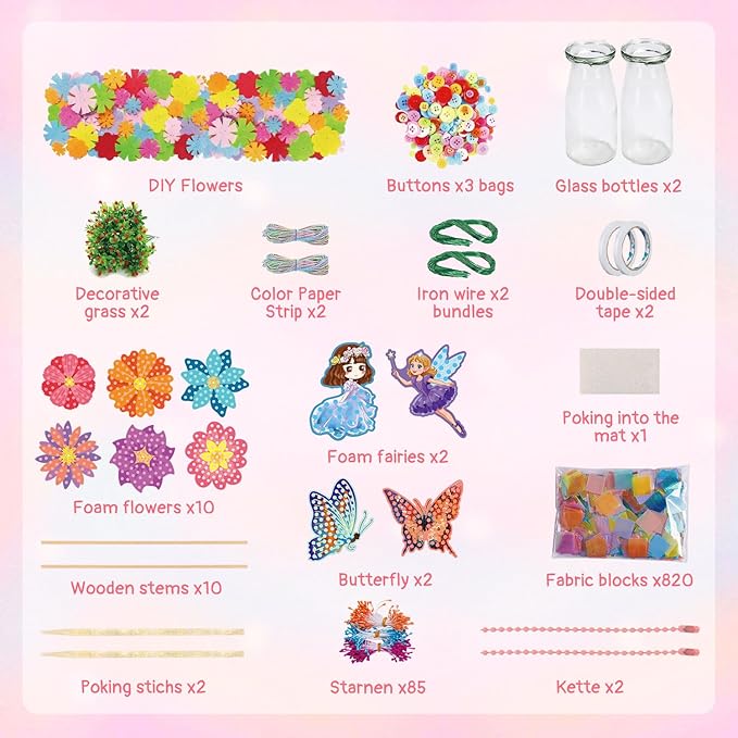 Mostop DIY Flower Crafts Kit for Kids Ages 6-10, DIY Flower Bouquet Craft Kit with Buttons, Felt Flowers and 2 Vase, Poke in Arts and Crafts Birthday Gift for Gilrs Age 6-8 8-10, Flower Making Kit