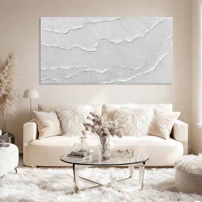 WINKAILIN White Abstract Textured Wall Art Modern 24x48 inch Canvas Ocean Wave Artwork Minimalist Hand-drawn Painting Contemporary White Posters Print for Living Room Bedroom Office Décor